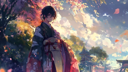 Kimono-clad dreamer lingers beneath riotous spring skies