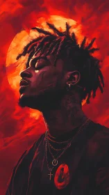 Side-profile digital portrait against vivid red backdrop.