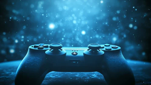 Gaming controller glows under atmospheric blue light field.