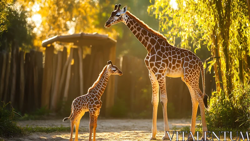 Adult and juvenile giraffe interact under warm backlighting