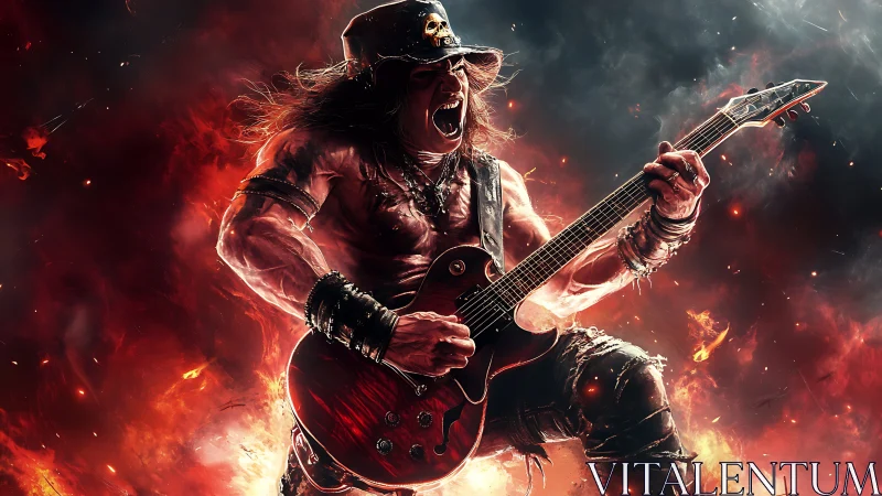 Pyroclastic metal guitarist in high-energy ignition field.