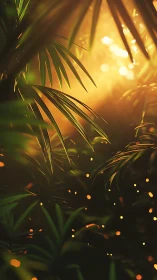 Golden light filters through lush tropical jungle leaves