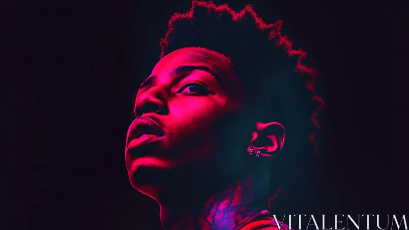 Neon-lit portrait isolates upward gaze in deep magenta glow