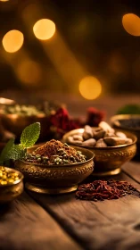 Golden bowls of spices invite warm, cozy kitchen moments