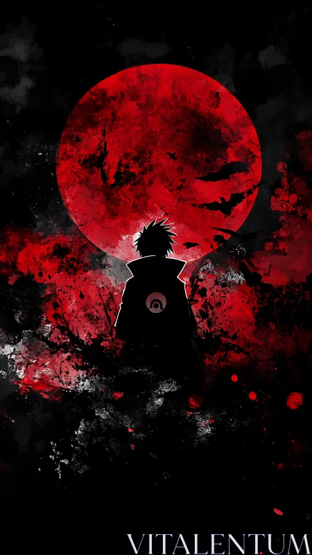 Silhouetted warrior before blood-red moon in grunge anime composition