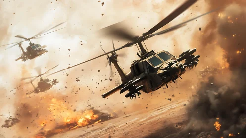 Helicopters racing through a storm of fire and dust.