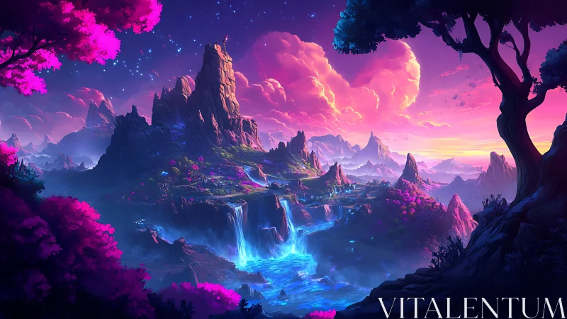 Fantastical neon valley with cascading waterfalls at sunset.