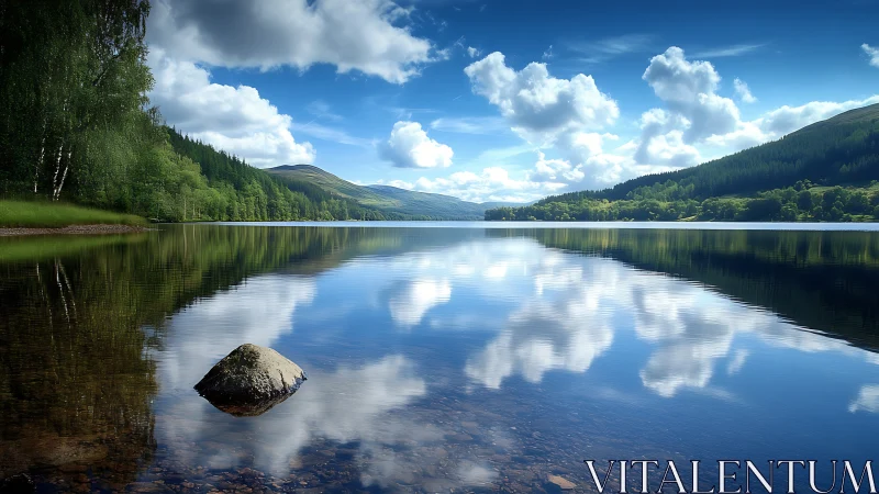 Mountain lake with forested hills and sky reflections.