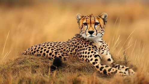 Cheetah rests alert on grass mound within golden savanna