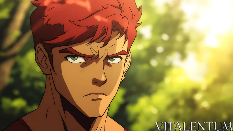 Anime portrait with warm backlighting and forest bokeh framing.