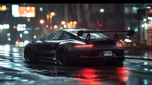 Aerodynamic Porsche GT sports coupe under neon urban rainscape.