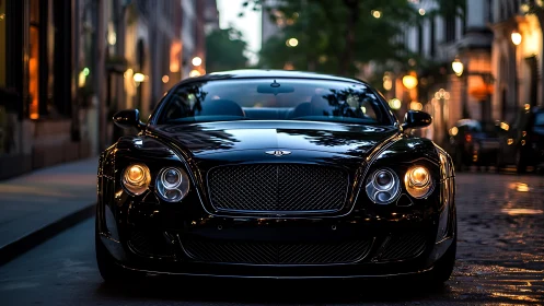 Gloss-black grand tourer with illuminated grille symmetry.