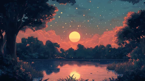 Glowing sunset settles gently over a quiet pixel forest lake