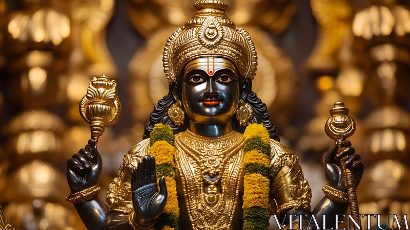 Radiant Hindu deity statue glows with golden sacred detail
