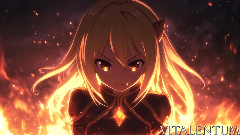 Fireborn warrior girl amid embers and defiant starlight.