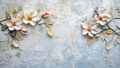 Relief floral composition with pastel impasto blossoms.