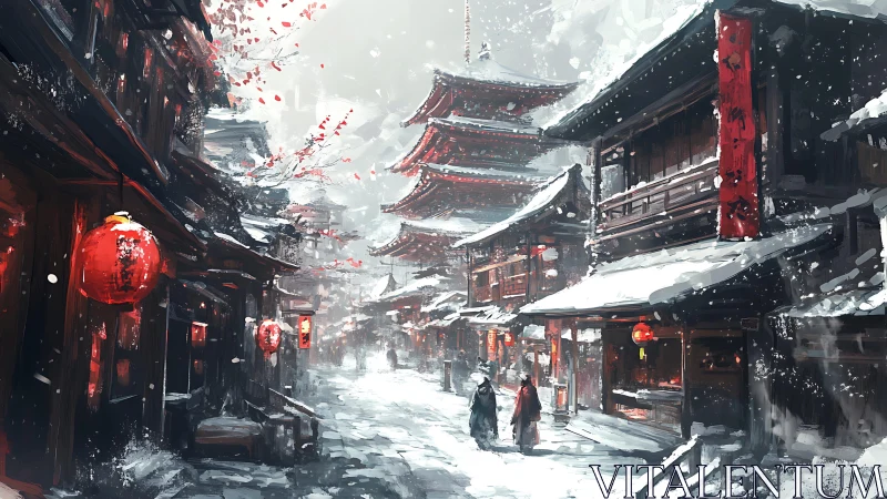 Snow-covered Japanese street scene contrasts red lantern glow