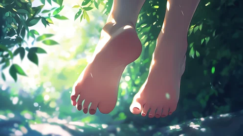 Bare human feet suspended above foliage in diffused light.