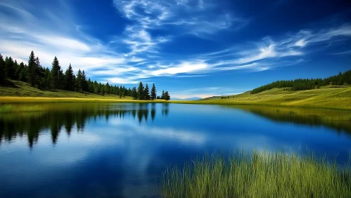 Calm freshwater lake with grass banks and distant trees.