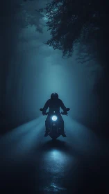 Motorcyclist rides through dark foggy forest road at night