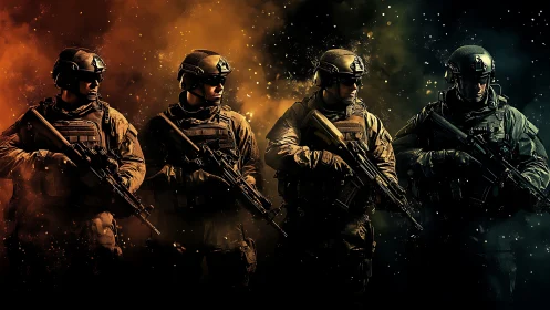 Photoreal tactical squad lineup with cinematic lighting design.