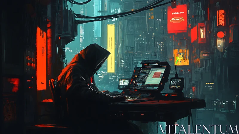 Solitary hooded hacker operates multi-screen rig in neon megacity