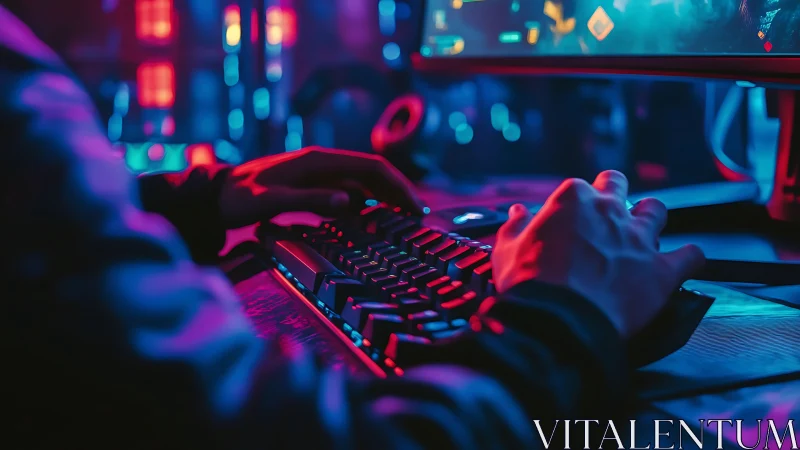 Neon-lit gamer hands control RGB keyboard in immersive setup