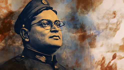 Resolute officer gazes into storm-tinted painted horizon.