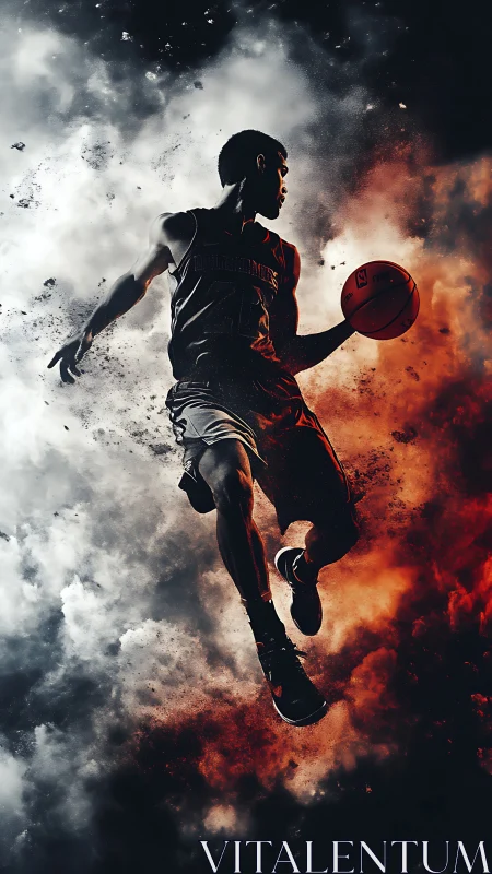 Basketball player in midair against split smoke background.