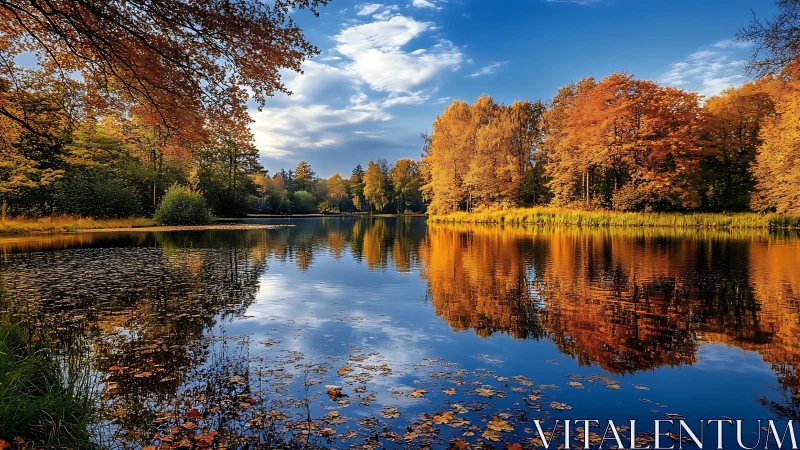 Golden autumn trees reflected in a peaceful forest lake.