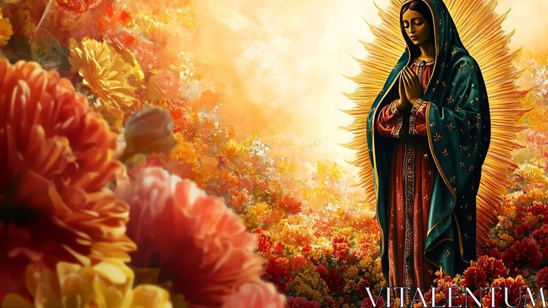 Devotional figure in aureate halo amid chromatic florals.