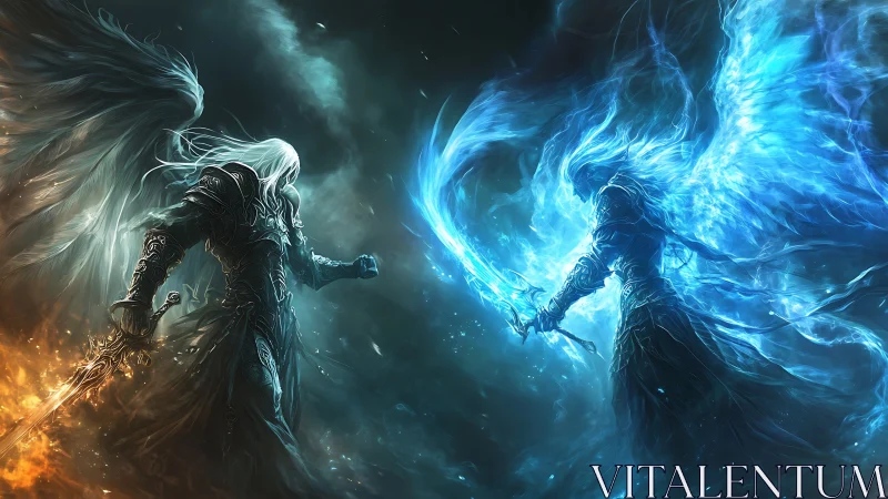 Twin seraphim clash in blazing frost and embered stormlight.