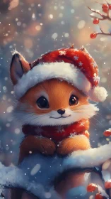 Snowy fox in a Santa hat sharing cozy winter cheer.