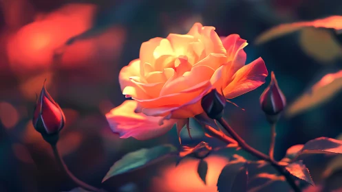 Radiant rose glowing with warm sunset hues and delicate petals