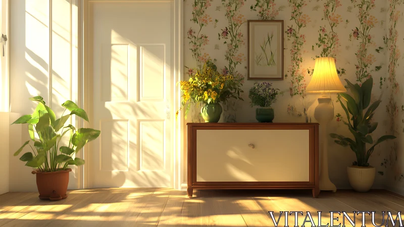 Sunlit floral interior renders soft shadows on wooden floor