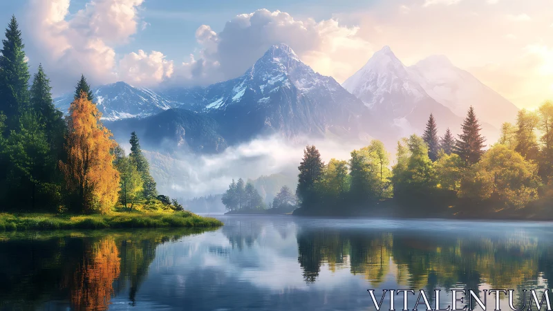 Mountain lake landscape shows reflective water and forest belt