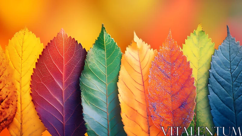 Colorful row of autumn leaves in a vivid gradient display.