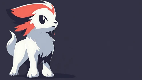 Stylized white canine creature stands alert on dark background