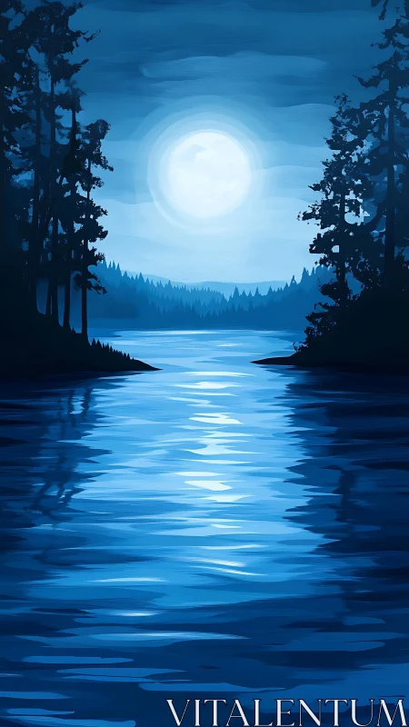 Moonlit lake corridor framed by silhouetted pine trees.