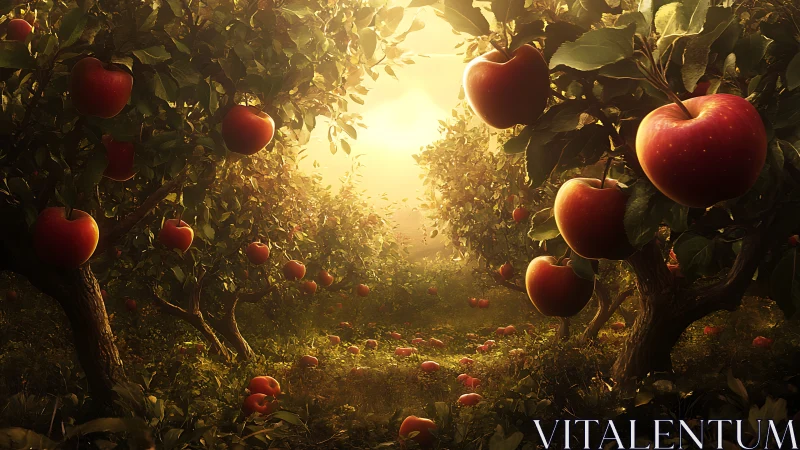Sunlit orchard glows around ripe red apples hanging low