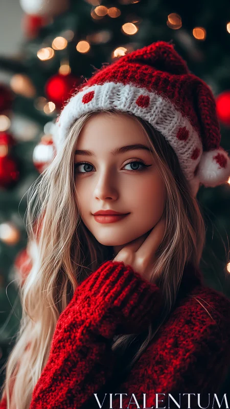 Festive portrait of young woman in red Christmas attire.