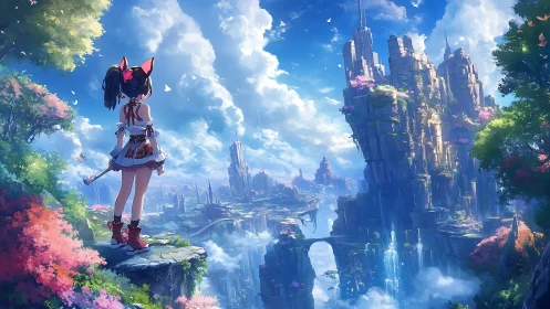Young adventurer greeting a sunlit floating fantasy city.