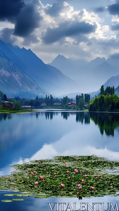 Mountain lake reflects storm clouds above distant valley