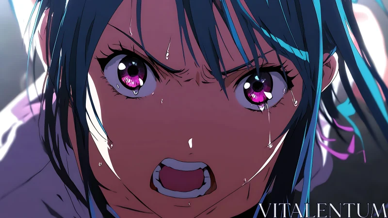 Intense anime heroine in dynamic close-up emotional outburst.