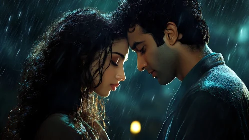 Two figures facing in rain with atmospheric lighting