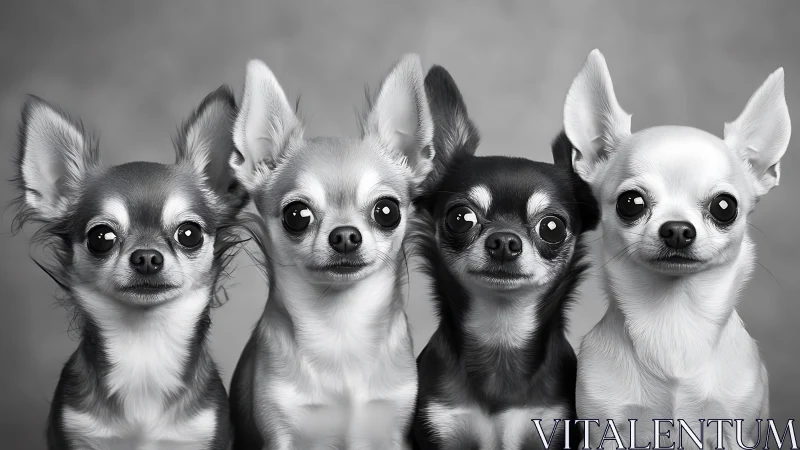 Four chihuahua dogs stare forward in close monochrome portrait