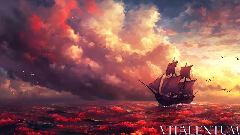 Crimson-sailed galleon beneath blazing sunset stormscape.