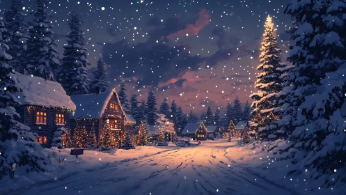 Snowy village street glows with warm festive winter lights.