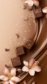 Photorealistic chocolate flow with floral confection accents.