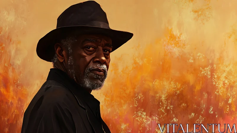 Elderly man in black coat gazes back against fiery sunset hues